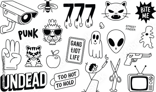 Black and white doodle art with punk and street themes