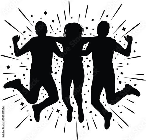 Joyful silhouette of three friends jumping together with confetti and starbursts celebrating a special moment