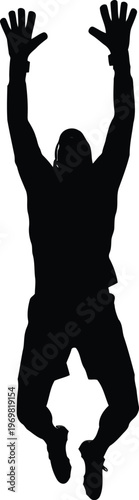 Silhouette of a male athlete jumping with arms raised high reaching upwards