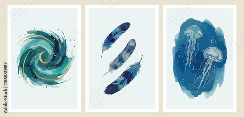 Blue bird feathers, ethereal plumes illustration, soft tribal elements, boho nature graphics, light airy textures, decorative feather art, watercolor style vector

