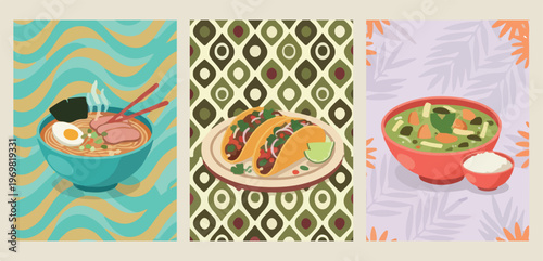 delicious mexican street tacos, traditional ethnic geometric pattern, mexican food culinary art, vibrant restaurant menu design, authentic spicy taco illustration, latin american culture vector, festi