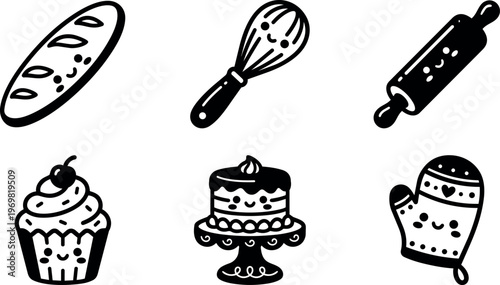 Black and white kawaii baking icons including bread cupcake cake whisk rolling pin and oven mitt