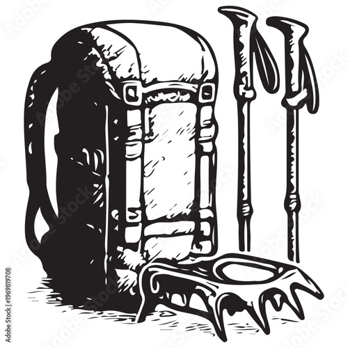 Complete Winter Hiking Gear Set with Backpack, Ice Axes and Crampons for Expedition