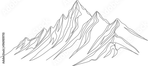Simple hand-drawn black and white line art illustration showcasing a majestic mountain range with multiple prominent peaks.
