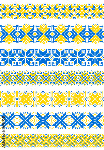 Ukrainian embroidery seamless pattern set, blue and yellow cross stitch geometric vector ornament isolated on white, Vyshyvanka Day