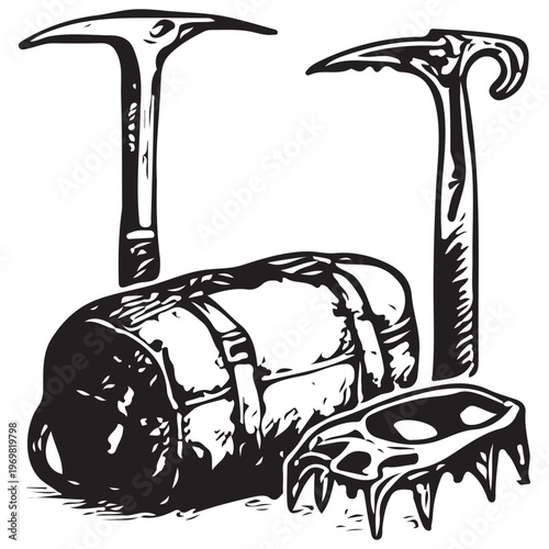 Ice Axe and Sleeping Bag for Mountaineering, Winter Hiking and Survival Expedition Gear