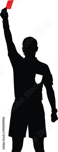 Silhouette of a soccer referee holding up a red card during a game of sport