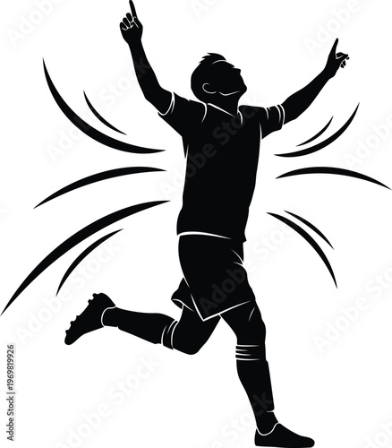 Silhouette of a triumphant football player with arms raised in celebration and pointing finger upwards