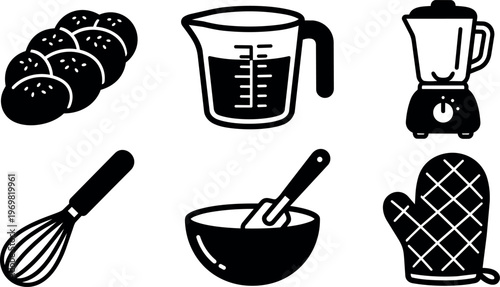 Black and white kitchen tool vector art set with whisk blender bowl and oven mitt