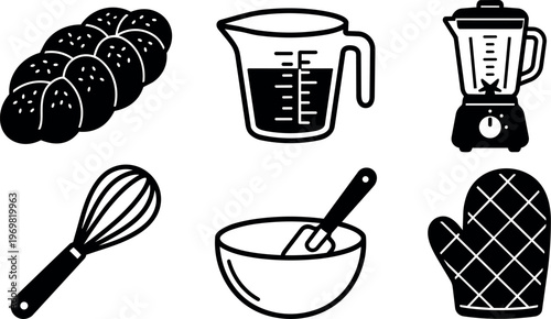 Black and white kitchen baking icons bread whisk mixer oven mitt bowl and measuring cup