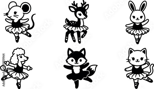 Black and white animal ballet dancers mouse deer rabbit poodle fox cat in tutus