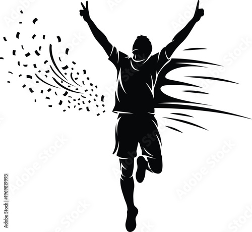 Silhouette of a triumphant runner with arms raised in victory surrounded by confetti and motion streaks