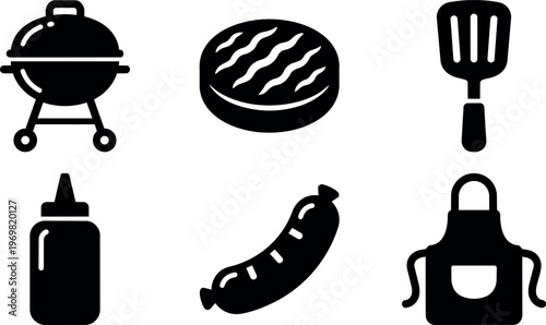 Black barbecue grill steak spatula sausage sauce bottle and apron icons