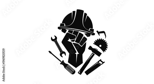 may day Construction worker silhouette, tools icon, laborer helmet, industrial symbol, workwear Silhouette