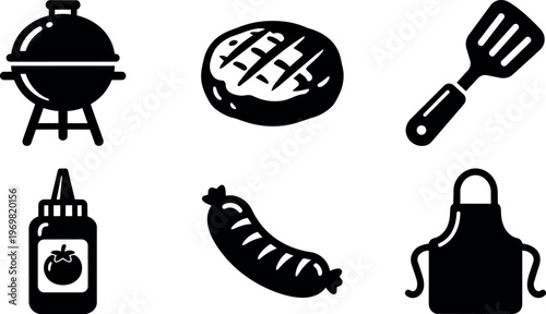 Black and white barbecue grill steak sausage spatula apron and sauce bottle vector art