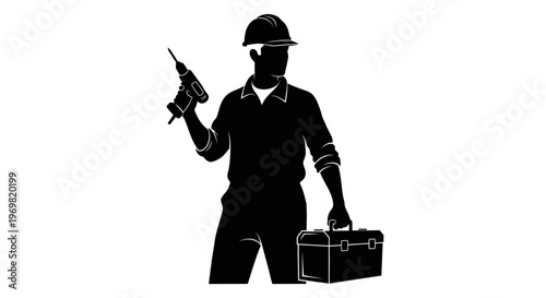 may day Black silhouette construction worker, laborer icon, industrial worker, toolbox Silhouette