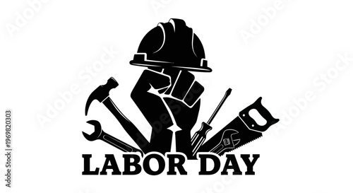 may day Labor Day, worker icons, construction tools, fist and hard hat, holiday symbols Silhouette