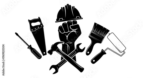 may day Construction tools, handyman equipment, hardware icons, toolbox symbols, black and white vector set Silhouette