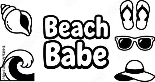 Beach babe black and white vector art with seashell wave sunglasses hat and flip flops