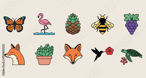 Wildlife nature icons, cute fox head, honey bee illustration, tropical pink flamingo, forest and desert plants, animal sticker set, minimal nature graphics


