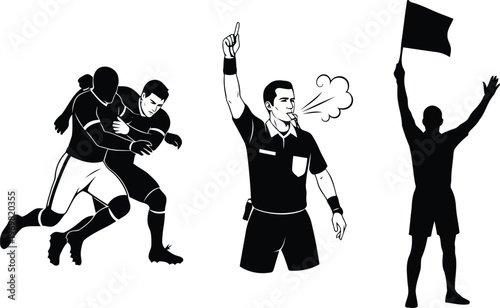 Sports illustrations depicting soccer players referee blowing whistle and assistant flag bearer isolated on transparent background