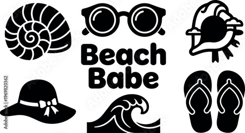 Black silhouette beach icons with sunglasses wave flip flops and shell