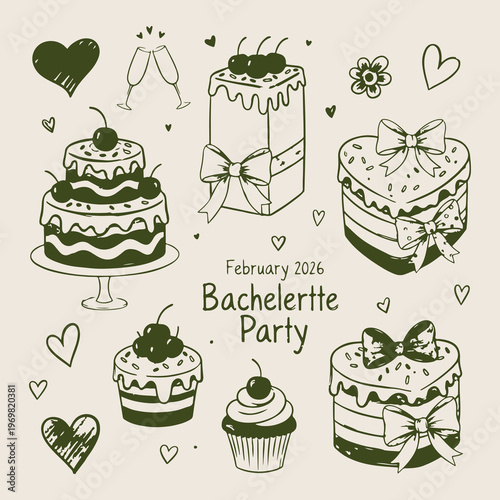 Bachelorette party doodles, wedding cake illustration, champagne celebration icons, bridal shower graphics, love and heart sketches, party event elements, cute hand drawn cakes

