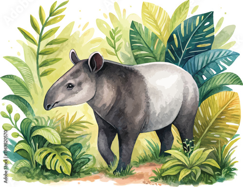 Tapir Watercolor, Exotic Jungle Wildlife Clipart, Isolated Vector Illustration