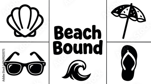 Beach bound text with shell umbrella sunglasses wave and flip flop icons black and white vector art
