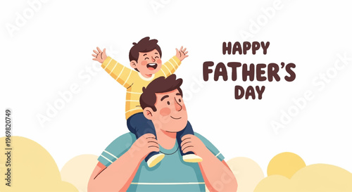 Joyful father carrying son on shoulders illustration