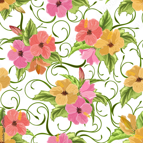 Bouquets of hibiscus on a transparent background.Multicolored bouquets of hibiscus and curls on a transparent background in a vector pattern.