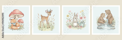 Cute woodland animals, baby deer fawn, fluffy rabbit bunny, floral nursery posters, pastel wildlife illustration, kids room wall decor, sweet animal portraits

