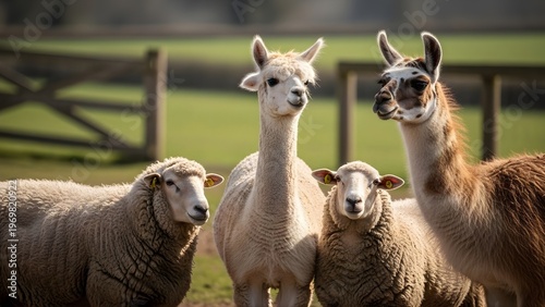 Rescued alpaca with sheep and llama, peaceful farm animal wildlife photography