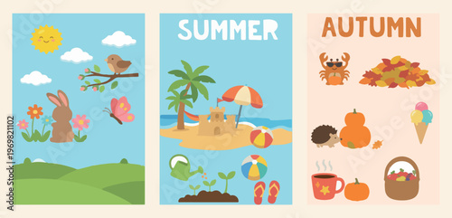 Summer beach party, tropical sand castle, ocean holiday fun, sunny seaside vacation, beach ball umbrella, tropical island illustration, summer recreation scene.

