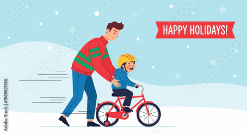 Father teaching young son to ride bicycle in snow