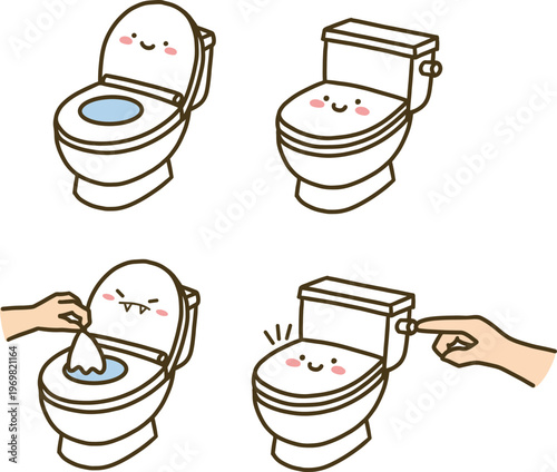 Cute Toilet Bowl Character Set Illustration