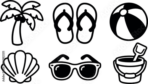 Black and white beach icons palm tree flip flops sunglasses bucket and ball
