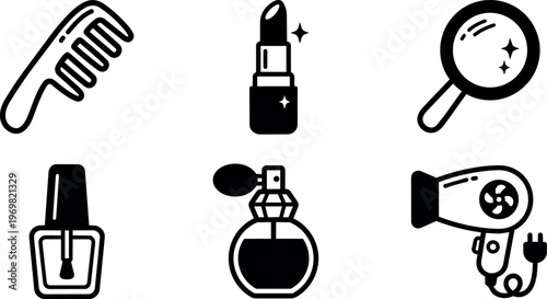 Comb lipstick mirror nail polish perfume and hairdryer icons