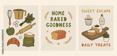 Home baked goodness, fresh bread loaf, bakery kitchen icons, homemade food design, organic baking symbols, kitchen cafe illustration, healthy bread set.
