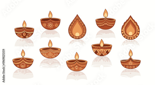 Vector collection of traditional Indian clay oil lamps (diyas) with intricate patterns, glowing with warm flames, perfect for Diwali festival celebrations.