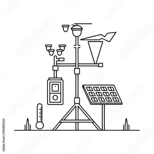 Weather station device with solar panel thermometer and anemometer for meteorology data.