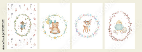 Cute animal wreaths, baby deer bear, woodland creature frames, nursery room decor, forest animal illustration, sweet nature border, children's book icons.
