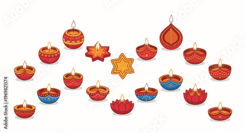 Colorful array of traditional Indian earthen oil lamps (diyas) with flickering flames, representing the spirit of Diwali, prosperity, and cultural festivals.