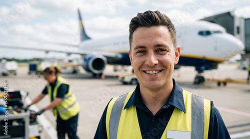 Cheerful ground crew worker in yellow safety vest smiling in front of commercial airplane at airport, logistics and aviation industry staff, professional cargo service concept.