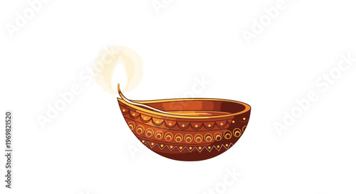 Traditional Indian Diya Lamp with Burning Flame, Symbolizing Light, Hope, and Prosperity for Diwali Festival Celebrations, Isolated on White