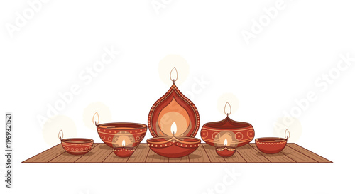Diwali diyas lit on a wooden surface, representing the festival of lights and celebration