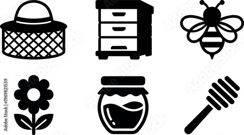 Black and white bee hive flower honey jar and dipper vector icons