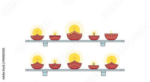 Row of lit Diwali diyas on shelves, traditional Indian oil lamps glowing with warm light, festive decoration