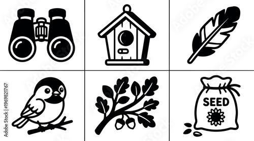 Black and white vector icons featuring binoculars birdhouse feather bird oak branch and seed bag