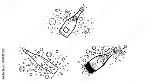 Minimalist bold line art of a champagne bottle with popping cork celebratory festive drink vector illustration elegant party beverage design sparkling alcohol concept